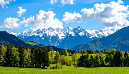 Lush Green Valley Below Snow-Capped Mountains