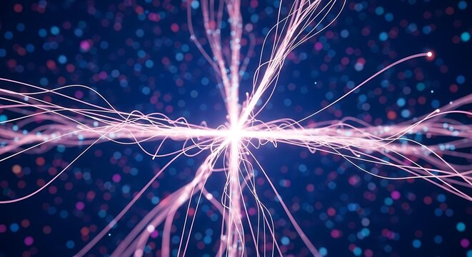 High quality image of abstract visualization of subatomic particle collision with glowing pink trails emanating from a central bright point against a dark background - Powered by Adobe