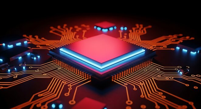 High quality image of a striking closeup of a central processor chip with a bright red top and orange circuit board traces, emphasizing powerful technology