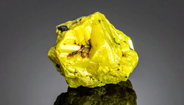 A close-up of a vibrant, irregularly-shaped, yellow mineral specimen against a blurred, dark background, showcasing its textured surface - Powered by Adobe