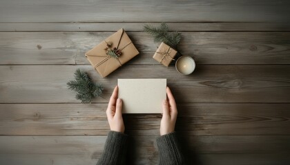Flat lay of hands holding a blank greeting card with rustic Christmas presents on a wooden background.