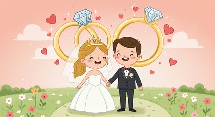 Wedding illustration featuring bride and groom holding hands with rings and hearts