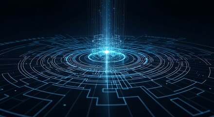 High quality image of futuristic digital data stream emanating from a circular platform with intricate geometric patterns and glowing blue light in a dark environment