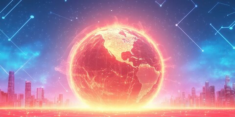 Obraz premium Digital earth globe futuristic network cityscape. Globe as technology planet, earth as innovation hub. Connectivity and cyberspace, modern urban landscape, abstract data visualization, bright blue