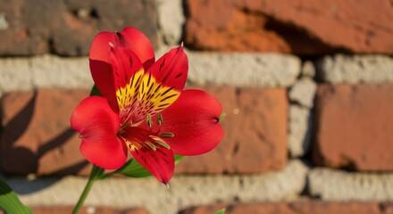 Vibrant Alstroemeria Bloom Contrasting with Rustic Brick Wall Texture