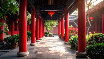 Tranquil Asian Garden Walkway with Red Columns Lanterns and Lush Greenery Offering Serene Pathway Perspective Captured in Soft Morning Light