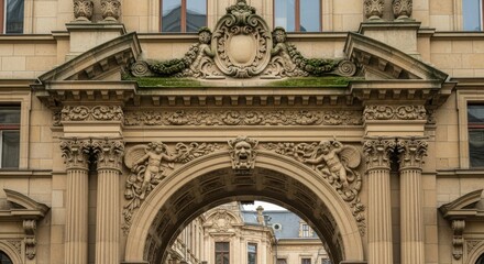 Elaborate sandstone facade with baroque-era detailing in a historical building