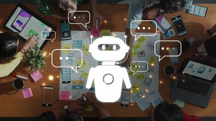 A dynamic workspace showcasing a diverse team brainstorming and collaborating on a creative project, utilizing robotic technology and various digital tools. Raster - Powered by Adobe