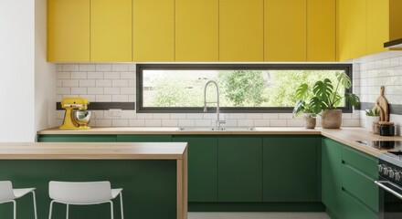 Contemporary Kitchen Design Featuring Bold Yellow and Green Cabinetry