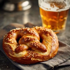 Freshly baked pretzel with coarse salt sits on a dark cloth, accompanied by a glass of golden beer, creating a warm and inviting snack scene for food lovers