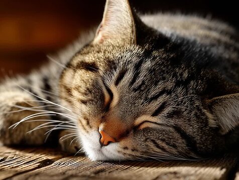 cat curled up, sleeping peacefully in warm sunlight on a rustic wooden floor. Dust motes float in the sunbeam. Intimate close-up captures soft fur, twitching whiskers