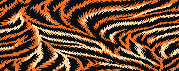 Vectand illustration of tiger skin pattern highlighting wild striped fur texture, perfect fand artistic wallpapers, fabric prints, and tiled backgrounds.