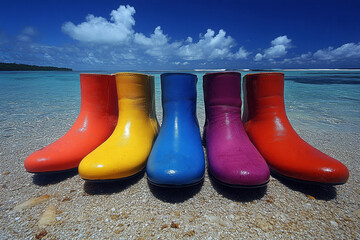 Colorful boots beach sand ocean sky horizon summer vacation creative composition vibrant footwear bright concept surreal design outdoor travel landscape