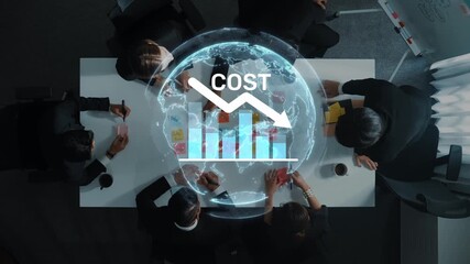 Dynamic business meeting focused on cost reduction with global analytics representation. Professionals collaborate to strategize financial growth and efficiency. Raster - Powered by Adobe