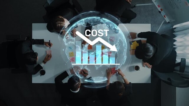 Dynamic business meeting focused on cost reduction with global analytics representation. Professionals collaborate to strategize financial growth and efficiency. Raster