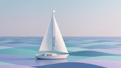Fototapeta premium A white sailboat glides across the calm pastel-colored sea under a clear sky, captured within soft daylight featuring a serene and minimalistic atmosphere from a side view