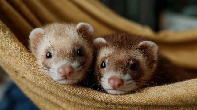 A delightful pair of ferrets relax together in a warm and inviting hammock, showcasing their playful nature and charm in a cozy indoor environment.