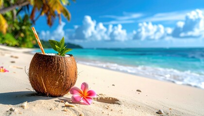 Tropical Beach Coconut Drink with Turquoise Water and White Sand Under Blue Sky Summer Vacation Vibe