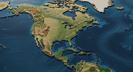 Stunning 3D relief map of North America showcasing detailed topography, coastlines, and oceans, perfect for educational or geographical presentations.