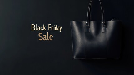 Elegant black shopping bag with golden black friday text on dark background