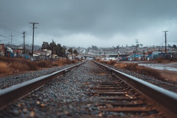 Railroad tracks stretching into a cloudy cityscape