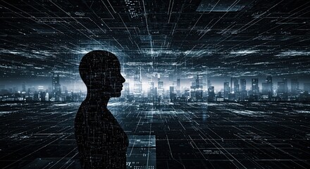 Futuristic digital consciousness exploring a glowing abstract city network, symbolizing AI, innovation, and data-driven future