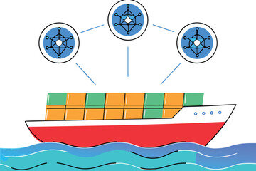 Cargo Ship with Network Symbols and Blue Lines Keywords: cargo ship, container ship, freight ship, network, blockchain, technology, digital