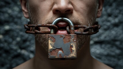 Symbolic bound mouth chained with rusty padlock dark oppression concept