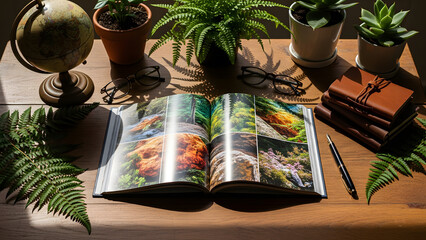 a wooden table with a globe, potted ferns, eyeglasses, books, and a notebook