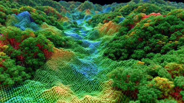 Abstract landscape with topographic map and lush vegetation rendered in vibrant colors,