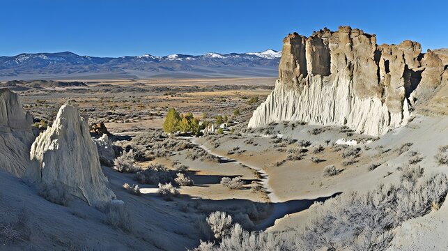 Dramatic Desert Landscape with White Rock Formations and Mountain Views