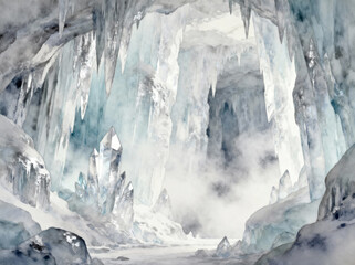 Ethereal Ice Cave Watercolor Landscape