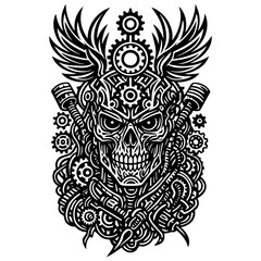 Black and White Tribal Mechanical Skull with Gears and Wings