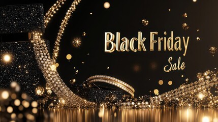 Luxurious black friday sale banner with golden jewelry and bokeh effect