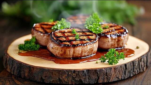 Grilled steak on rustic wood plate overhead close up gourmet food