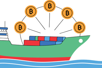 Cargo ship with Bitcoin symbols and blockchain network