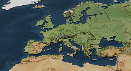 Stunning topographic map of Europe showcasing diverse landscapes from snowy mountains to fertile plains, perfect for educational and travel planning