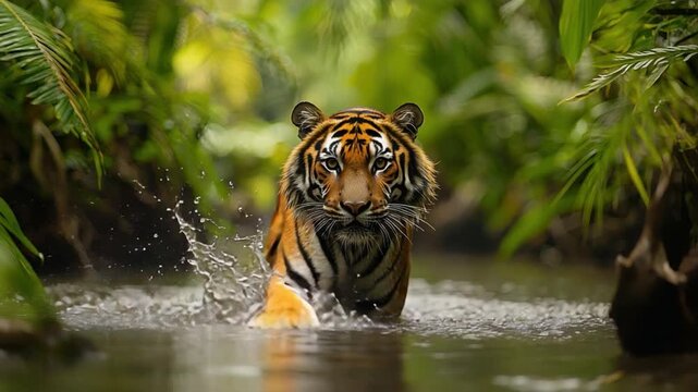 Majestic Tiger Walking Through Lush Green Jungle Waterway Surrounded by Dense Tropical Foliage and Vibrant Nature 4k video footage