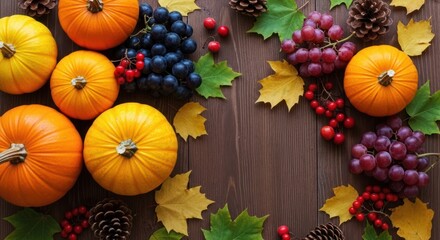 Festive autumn harvest composition of pumpkins grapes berries and pine cones on wooden surface for