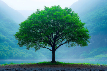 Tree standing alone misty valley mountains green foliage calm nature background solitude peaceful fresh scenic atmosphere tranquil morning landscape