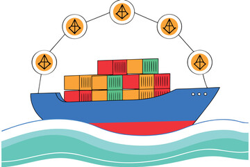 Cargo ship with abstract network symbols on white background Keywords: cargo ship, container ship, freight, logistics, shipping, transport