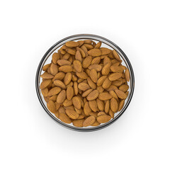 Top view of almond nuts inside round glass bowl