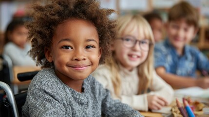 Obraz premium inclusive classroom with children of diverse abilities learning together, friendly and adaptive environment