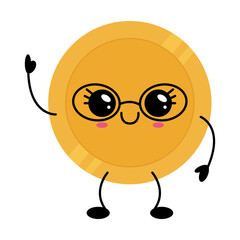 Kawaii gold coin character with glasses and cheerful expression waving happily