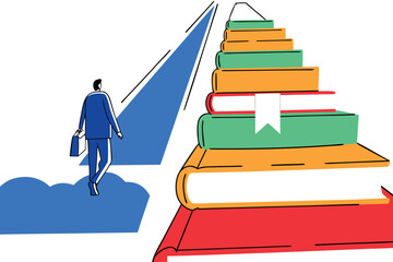 Man walks on blue cloud towards a staircase made of books