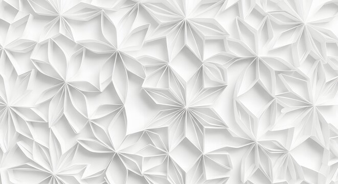 A visually intricate, seamless texture or background pattern made of three-dimensional white paper folded into abstract, geometric flower shapes