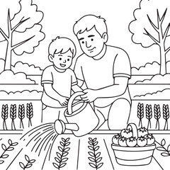 Father and Son Gardening Coloring Page – Family Bonding Activity