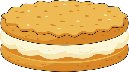A cartoon illustration of a golden-brown sandwich cookie with a creamy white filling.