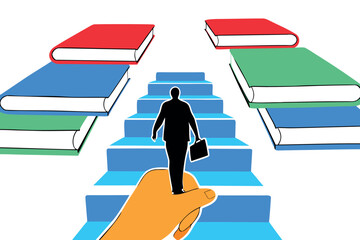 Silhouette of man on blue stairs with books surrounding him