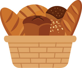 A woven wicker basket filled with a variety of freshly baked bread loaves, including a baguette and rye.